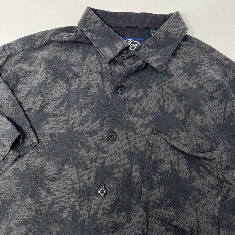 Nat Nast Men's Gray/Black Silk Blend Short Sleeve Palm Floral Camp Shirt Medium